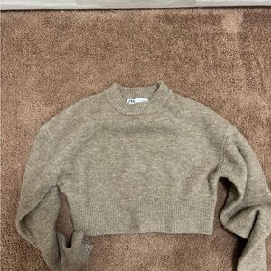 Zara Cropped Crewneck Sweater in Taupe
